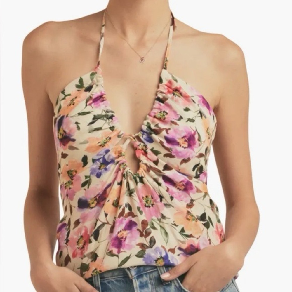 Favorite Daughter Floral Halter Camisole Top Ruched Backless XS Pink